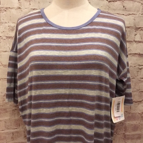 LULAROE Irma Tunic Top Tee Gray Blue Brown Stripe - Picture 2 of 3